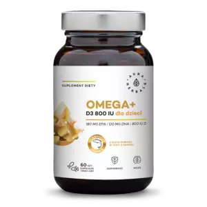 AURA HERBALS Omega+ dla dzieci (kapsułki twist-off) - Kwasy Omega 3 180 EPA 120 DHA + Witamina D3 800 IU (60 kaps.)