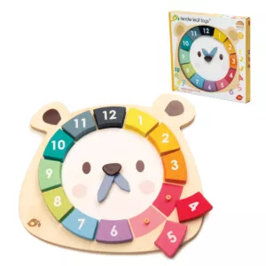 Kolorowy zegar Miś Drewniana zabawka edukacyjna Tender Leaf Toys