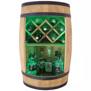 Beczka barek z oświetleniem LED RGB z rozkładanym leżakiem na wino, bar domowy z beczki 80cm jasny brąz