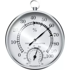 Stacja pogody - termometr/higrometr wiszący okrągły metalowy - srebrne zegary FI 100 mm