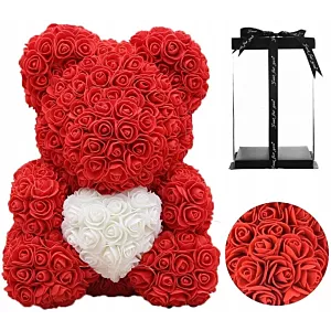 Czerwony Miś z Róż z Białym Sercem - 40 cm + Box Prezentowy ze Wstążką
