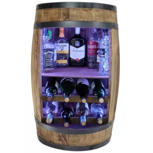 Drewniana beczka barek z pólkami na wino i oświetleniem LED RGB 80cm bar domowy na wino, whisky