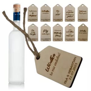 Etykietki weselne na wódkę alkohol zawieszki drewniane MIX 40szt