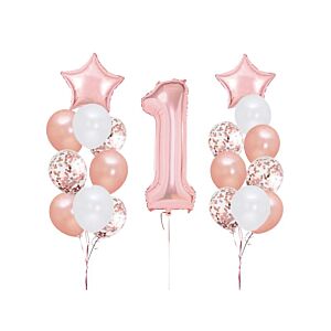 Zestaw balonów, Na 1-sze (Roczek) urodziny, różowo złoty, 19 szt. [balony na hel]