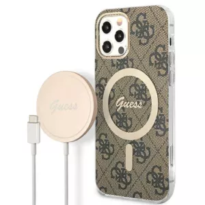 Guess Bundle Pack MagSafe 4G - Zestaw etui + ładowarka MagSafe iPhone 12 / iPhone 12 Pro (brązowy/złoty)