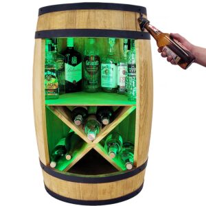 Domowy barek z beczki na wino z półką X, otwieracz i oświetlenie LED RGB bar domowy regał na alkohol