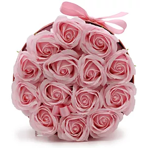 Mydlany Flower Box - 14 Różowych Róż w Okrągłym Pudełku