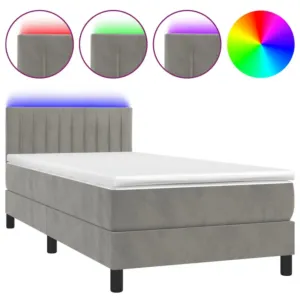Łóżko kontynentalne z materacem i LED, szare 80x200 cm, aksamit