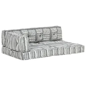 Sofa z poduszek na paletę, tkanina, szary patchwork