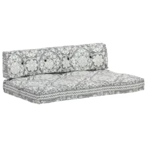 Sofa z poduszek na paletę, tkanina, jasnoszary patchwork