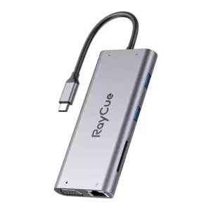 Hub 11w1 RayCue USB-C do 2x USB-A 2.0 480Mbps + 3x USB-A 3.2 5Gbps + SD/TF 3.0 + HDMI 4K30Hz + VGA 1080p + RJ45 + PD 3.0 100W (szary)