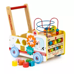 Drewniany pchacz edukacyjny 2w1 kostka + klocki - Karetka ECOTOYS