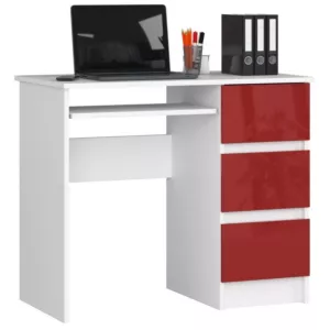 Biurko komputerowe, szuflady, prawe, 90x50x77 cm, biel, czerwony, połysk
