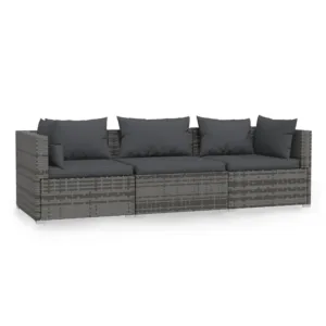 3-osobowa sofa z poduszkami, szara, polirattan