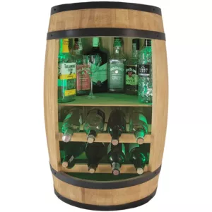 Barek beczka drewniana z półką, 2 leżakiem na butelki, domowy bar oświetlenie na wino RGB jasny brąz