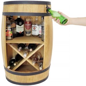 Beczka barek z półką X na leżące butelki z winem, otwieracz. Rustykalny bar domowy z beczki 80x50cm