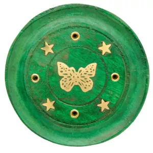 Okrągła zielona podstawka na kadzidła 'Motyl'
