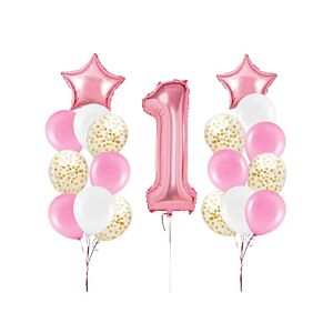 Zestaw balonów, Na roczek dla dziewczynki, różowy, 19 szt. [balony na hel]