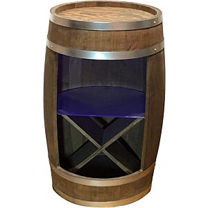 Drewniana beczka barek z półką szklaną, stojakiem na wino oraz oświetleniem LED RGB