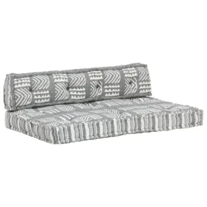 Sofa z poduszek na paletę, tkanina, szary patchwork
