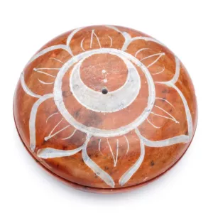 Podstawka rzeźbiona steatytowa na kadzidełka w kształcie owalu z motywami Czakr - pomarańczowa