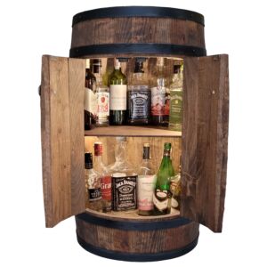 Barek na alkohol z drewnianej beczki w kolorze ciemny brąz i oświetleniem LED, Mini bar domowy 80cm