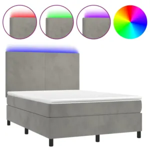 Łóżko kontynentalne z materacem i LED, szare 140x200cm, aksamit