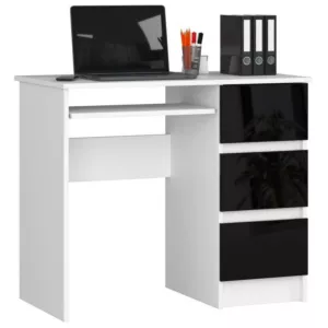 Biurko komputerowe, szuflady, prawe, 90x50x77 cm, biel, czarny, połysk