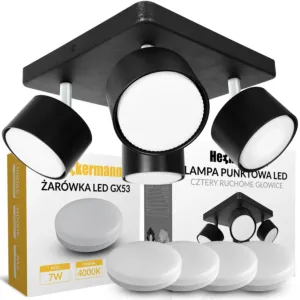 Zestaw Lampa sufitowa punktowa spot LED Heckermann 8795318A Czarna 4x głowica + 4x Żarówka LED Heckermann GX53 7W Neutral