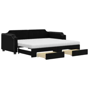 Sofa rozsuwana z szufladami, czarna, 90x200 cm, tkanina