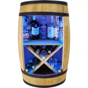 Drewniana beczka barek z półką na wino X i oświetleniem LED RGB. Rustykalny bar do salonu 80x50cm