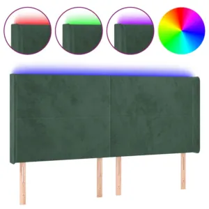 Zagłówek do łóżka z LED, ciemnozielony 163x16x118/128cm aksamit