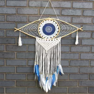 Duży Ochronny Dreamcatcher - Makrama - Evil Eye - Szary