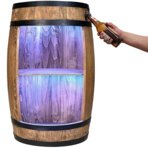 Z drewnianej beczki barek na butelki z winem, zamontowany otwieracz i oświetlenie LED RGB 80x50cm
