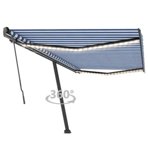 Ręcznie zwijana markiza z LED, 500x350 cm, niebiesko-biała