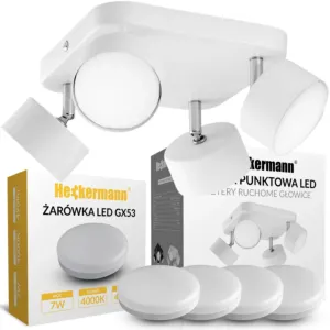 Zestaw Lampa sufitowa punktowa spot LED Heckermann 8795318A Biała 4x głowica + 4x Żarówka LED Heckermann GX53 7W Neutral