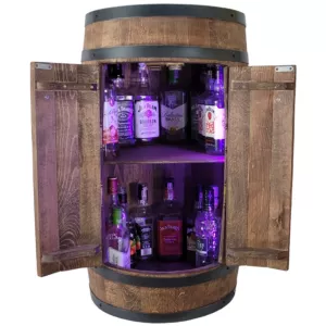 Bar domowy z drewnianej beczki z oświetleniem LED RGB zasilanie z USB Rustykalny barek na wino 80cm