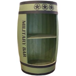 Zielona drewniana beczka barek z półką, wojskowy bar na alkohol z napisem Military Bar 80x50cm