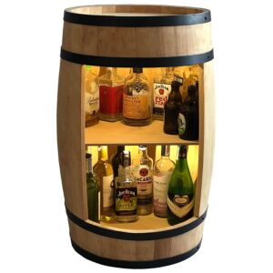 Drewniana beczka barek z półką i z oświetleniem LED, rustykalny mebel na wino, komoda na alkohol