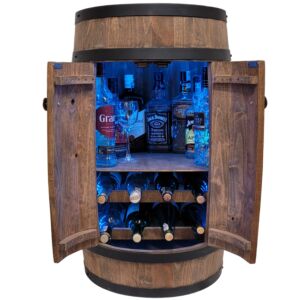 Drewniana beczka barek z drzwiami i półką, dwa leżaki na wino, oświetlenie LED RGB 80x50cm minibar