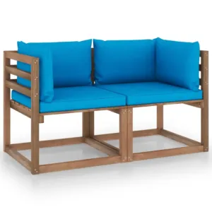 Ogrodowa sofa 2-os. z palet, z niebieskimi poduszkami, sosna