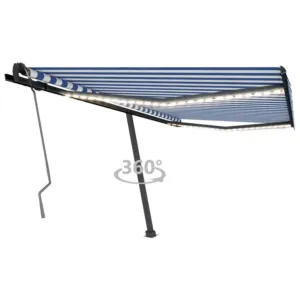 Ręcznie zwijana markiza z LED, 400 x 350 cm, niebiesko-biała