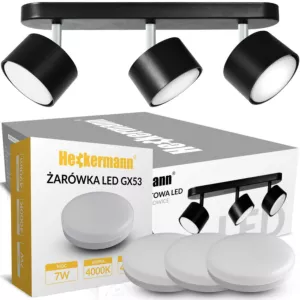 Lampa sufitowa punktowa spot LED Heckermann 8795316A Czarna 3x głowica + 3x Żarówka LED Heckermann GX53 7W Neutral