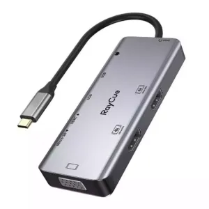 Hub 9w1 RayCue USB-C do 2x USB-A 3.0 5Gbps + 2x SD/TF 3.0 + 2x HDMI 4K30Hz + VGA 1080p + jack 3,5mm + PD 3.0 100W (szary)