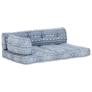 Sofa z poduszek na paletę, tkanina, indygo patchwork